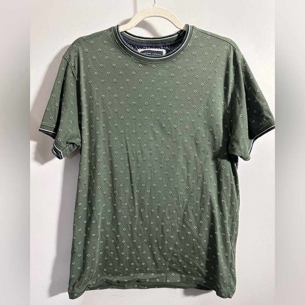 Nickel And Iron Men's L Olive Green Blue And White Design T-shirt | SKU 0892